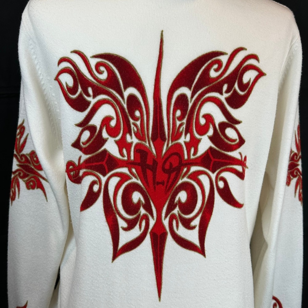 Harley Davidson Womens Cream Knit Zip Up Hoodie Red Tribal‎ Butterfly Graphic